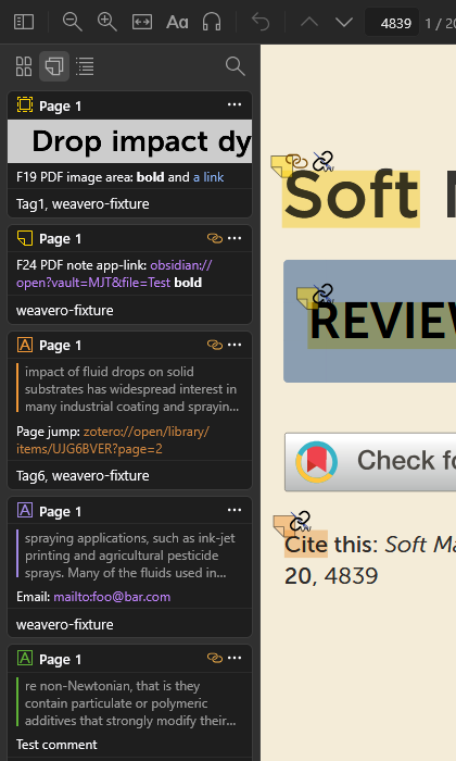Reader sidebar with annotation comments containing clickable links