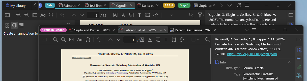 Two Zotero windows with pinned tabs, tab groups, and a reader window with an item pane